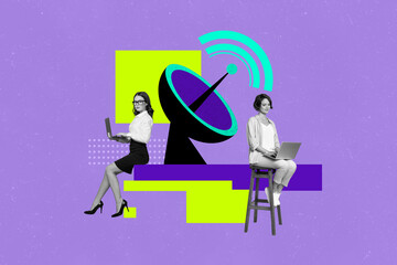 Poster - Creative collage picture young two women sit browse computer laptops catch internet signal wireless connection antenna broadcasting