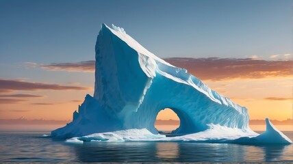 Arch shaped iceberg floating in the sea at the coast at sunset from Generative AI