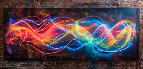 Poster - Colourful neon light streaks on a canvas against a brick wall in a flowing abstract pattern.