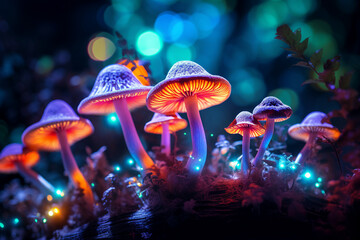 Wall Mural - colorful generative ai collage of bright glossy mushrooms in night magical woods