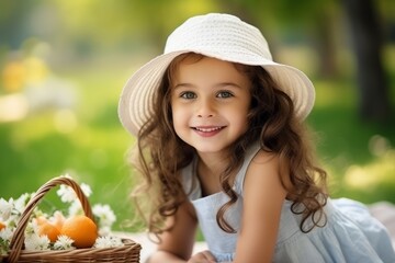 Wall Mural - Portrait of cute little girl with basket of fruits in the park