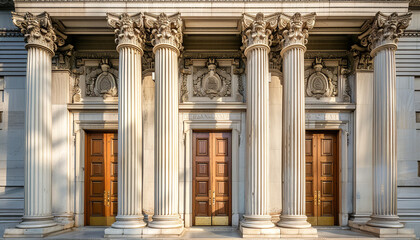 Wall Mural - A traditional bank building is showcased - with classical columns and a sign hanging above the entrance - wide format