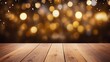 © NOMI - empty wooden table with golden bokeh background