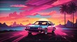 80s retro illustration of a car driving with a sunset view
