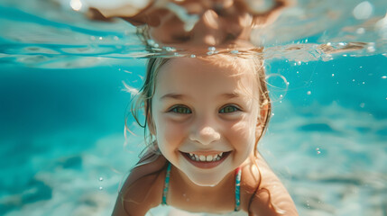 Wall Mural - Cute child swimming underwater in sea