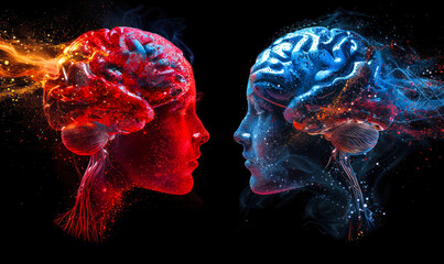 Digital illustration of two human brains in contrasting red and blue hues with network connections, representing the concept of artificial intelligence and cognitive science