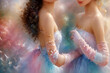 beautiful fine art with dancing girls around rainbow background. painting style. Ai generated