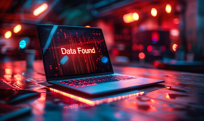 Poster - illuminated laptop screen displaying data found with a vibrant red binary code background in a dimly
