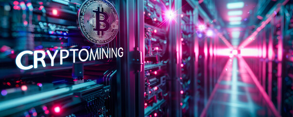 Poster - server racks in a data center with a digital overlay of a bitcoin symbol and the word cryptomining, 
