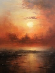 Wall Mural - A realistic painting capturing the vibrant colors of a sunset over a calm body of water, reflecting the orange, pink, and purple hues of the sky.