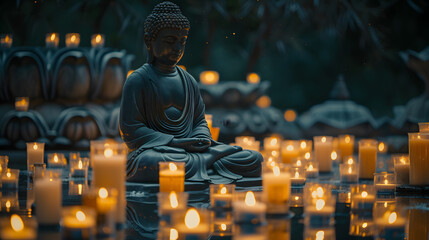 Canvas Print - Meditating Buddha statue with candles