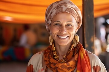 Wall Mural - Portrait of a happy senior woman wearing headscarf in a restaurant