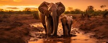 Baby Elephant And Mother Stuck In Mud At Sunset In South Africa. Concept Wildlife Conservation, Elephant Rescue, Family Bonds, Natural Disasters, Environmental Impact