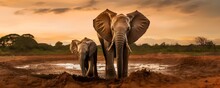 Rescuing A Baby Elephant And Its Mother Trapped In The Mud At Sunset In South Africa. Concept Animal Rescue, Elephant Rescue, Mud Rescue, South Africa, Sunset Rescue