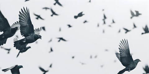 A group of pigeons flying in the sky on a white background, png transparent