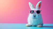 A Cute White Plastic Bunny Wearing Sunglasses On A Pastel Background Minimal Color Still Life Photography
