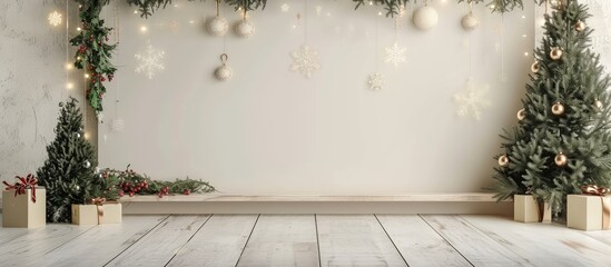 Poster - Empty wooden board in room decorated for New Year celebration space for design. with copy space image. Place for adding text or design
