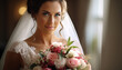 bridal bouquet against the background of the bride in a blurred wedding dress. 