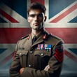 Soldier in the army of the United Kingdom, british flag on the background.