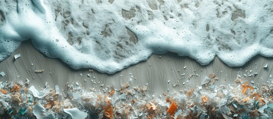 Poster - Close up side shot of hands shows microplastic waste contaminated with the seaside sand Microplastics are contaminated in the sea Concept of water pollution and global warming. with copy space image
