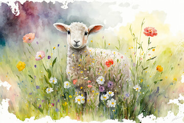 watercolour painting of a cute lamb lamb on the lawn with flowers. for easter and spring greeting ca