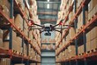 Monitor parcels with drones in the warehouse big copy. Ai generative