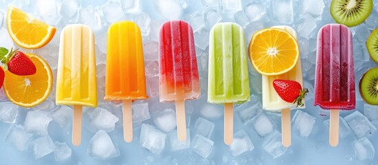 Aufkleber - variety of fruits ice lolly on ice cubes on white background. with copy space image. Place for adding text or design