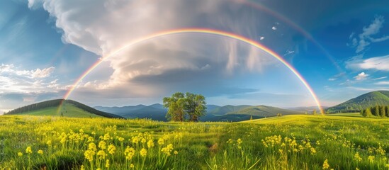 Poster - Double rainbow on a gray sky after rain A rare atmospheric phenomenon after a storm Beautiful hilly landscape with a real rainbow after rain on a summer day. with copy space image