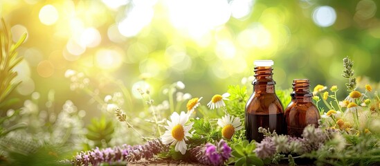 Poster - Medicinal herbs and tinctures alternative medicine Selective focus Nature. with copy space image. Place for adding text or design