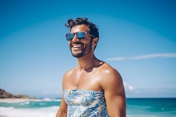 Wall Mural - Portrait of a happy young man in sunglasses on the beach.