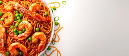 Poster - stir fried yakisoba noodles with green peas and shrimps Asian food style. with copy space image. Place for adding text or design