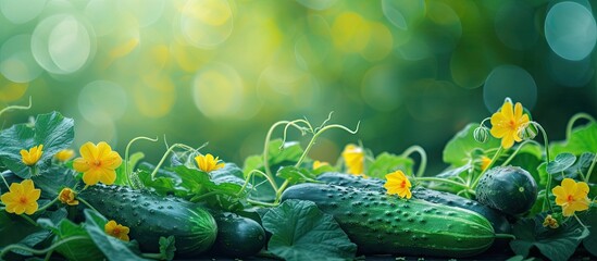 Aufkleber - Picking cucumbers in the vegetable garden Fresh green cucumbers and yellow flowers. with copy space image. Place for adding text or design