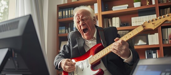 n an office a senior businessman joyfully pretends to play a computer keyboard as a guitar With feet on the table he daydreams embodying the spirit of a guitar hero. with copy space image