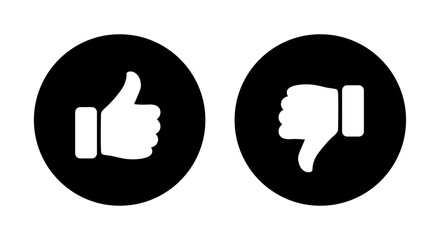 Wall Mural - Like and dislike symbol icon set in black circle. Thumbs up and down flat icon set in black and white color. Rating and feedback Thumbs-Up and Thumbs-down icon set isolated on white background.