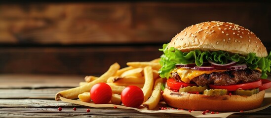 Poster - Big hamburger French fries and vegetables. with copy space image. Place for adding text or design