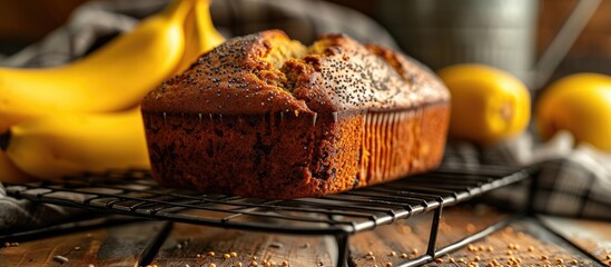 Aufkleber - Sliced loaf of banana bread cupcake with poppy seeds on cooling wrack. with copy space image. Place for adding text or design