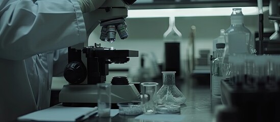 Aufkleber - Medical Research Scientist Drops Sample on Slide and Her Colleague Examines it Under Microscope They Work in a Modern Laboratory. with copy space image. Place for adding text or design
