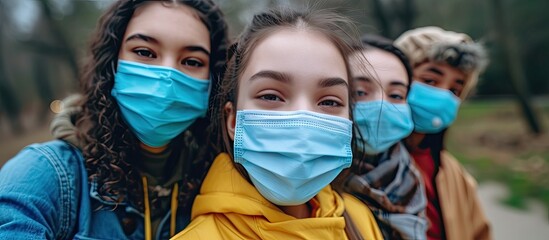 Group of teenagers friends at park wearing medical masks to protect from infections and diseases Conceptual Coronavirus virus quarantine Copy space Multiracial people having fun together