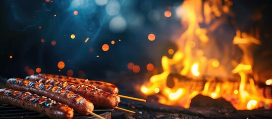 Poster - Grilling sausages over a campfire Grilling food over flames of bonfire on wooden branch stick spears in nature at night Scouts way of preparing food Campfire in the garden. with copy space image