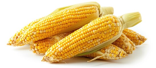 Fototapete - Ripe corn cob with dry husk leaves and kernels pile isolated on white background. with copy space image. Place for adding text or design