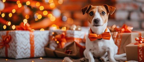 Poster - Merry Christmas and Happy New Year Barking Jack Russell Terrier dog in an orange bow tie is sitting among the gifts Cute and Funny Jack Russell Terrier is waiting for the holiday at home