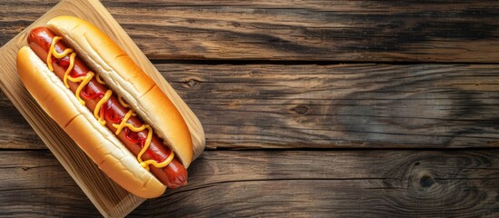 Poster - Tasty hot dog on wooden table. with copy space image. Place for adding text or design