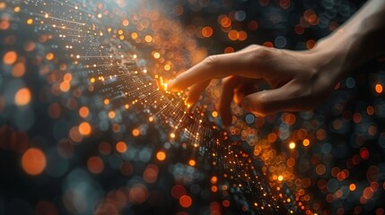 Fototapete - Data science and big data technology with a person touching the data on a screen, business analytics, artificial intelligence, machine learning. The engineer or scientist analyzing the stream of data.
