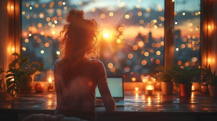 Aufkleber - In the evening, a stylish female occupies the office and works on her laptop. A young manager reads social media posts online, shops online, and browses the internet.