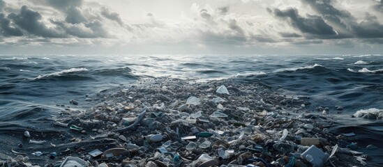 aerial view of plastic island or great pacific garbage patch or pacific trash vortex consisting main