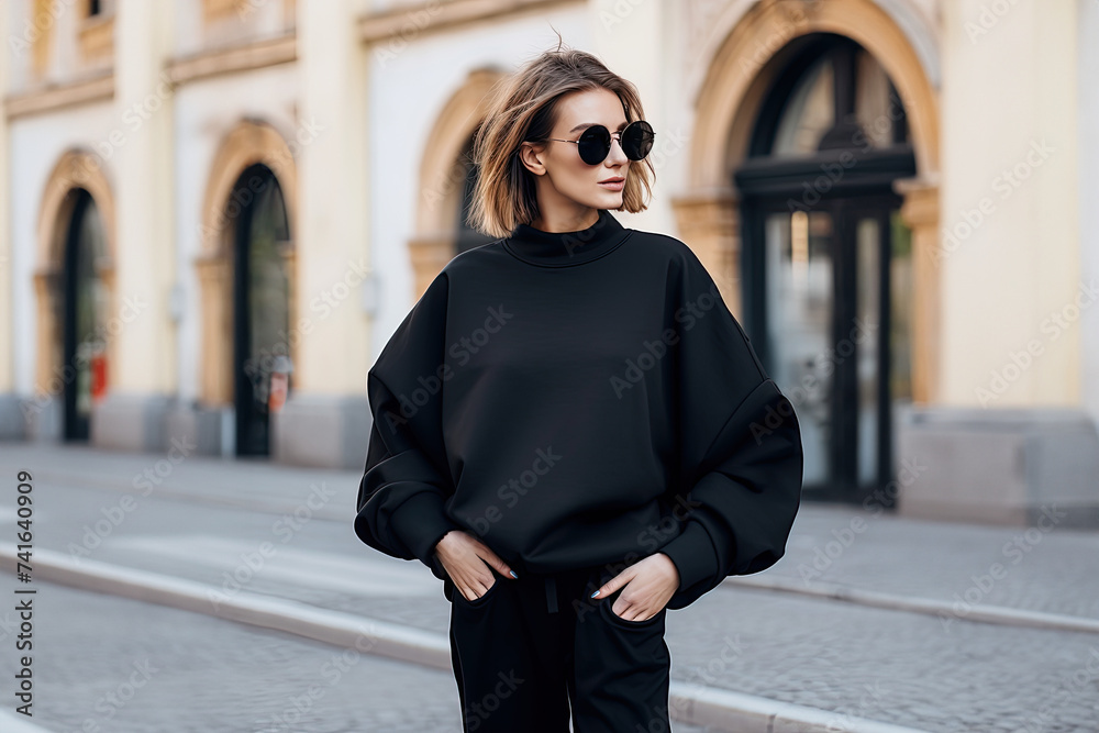 Stylish young woman in a black coat and sunglasses on the street. Mock ...