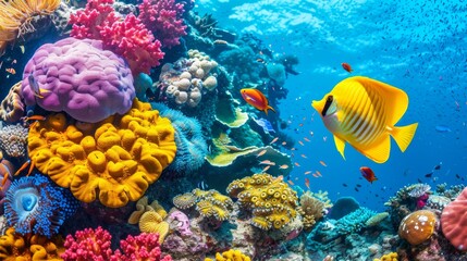 Wall Mural - Vibrant damselfish swimming amidst colorful corals in a saltwater aquarium environment