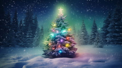 Wall Mural - christmas tree with glowing neon rainbow lights at night