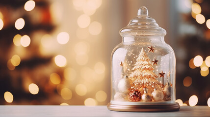Wall Mural - modern little christmas tree in glass jar with bokeh lights in background