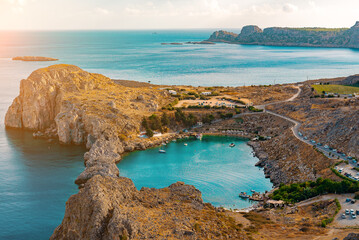 Wall Mural - Aerial view on Saint Paul's bay in Lindos, Rhodes, Greece.